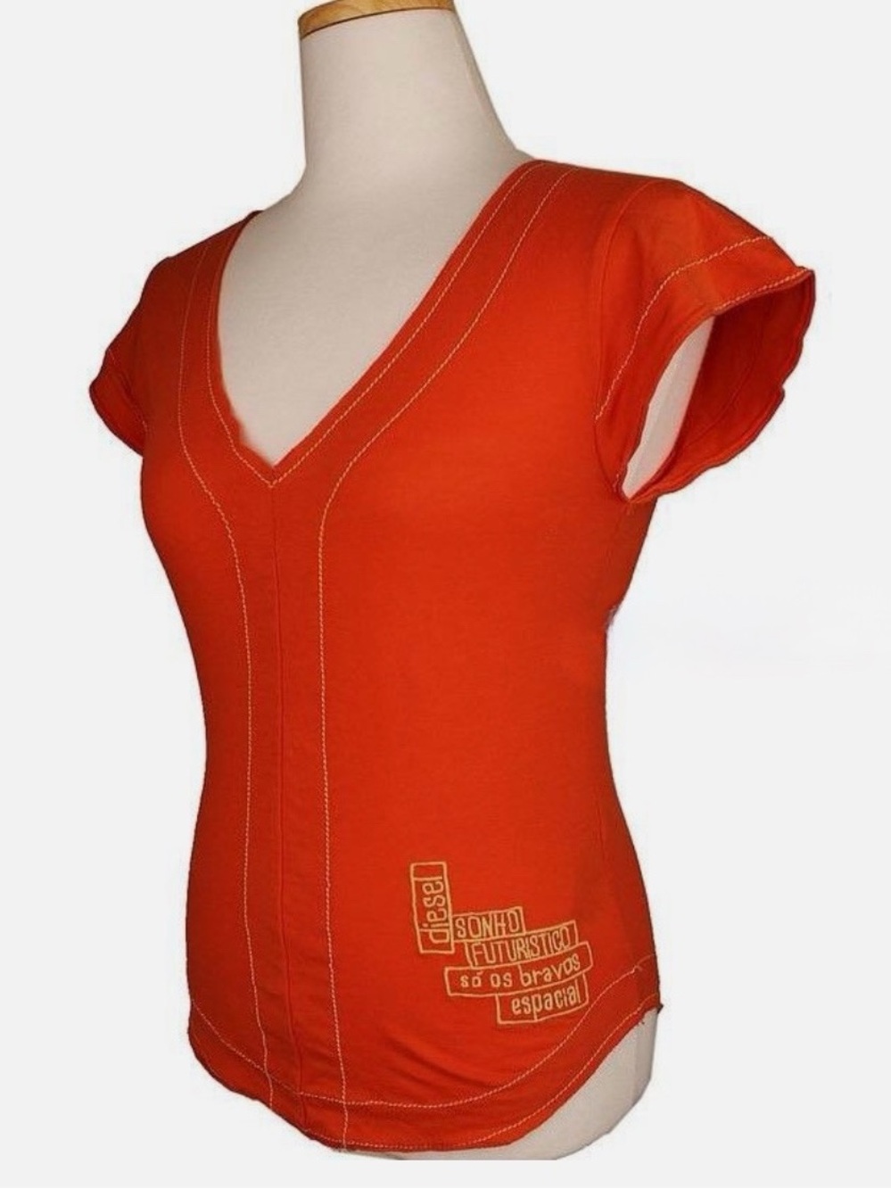 Diesel Flattering Statement Orange Graphic V-Neck Tee with Embroidery